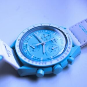 A high-quality image showcasing a stylish blue wristwatch with a white strap and luxurious design.