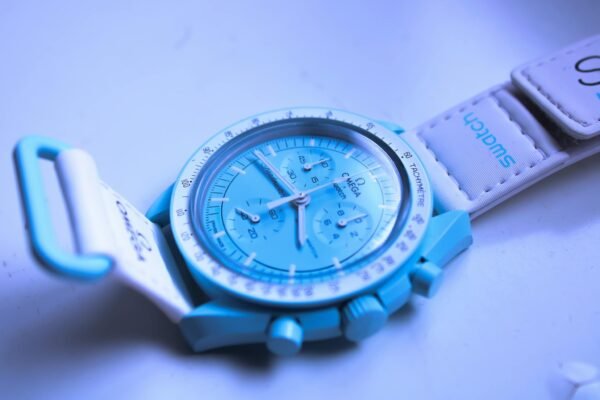 A high-quality image showcasing a stylish blue wristwatch with a white strap and luxurious design.